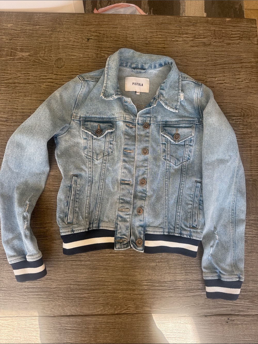 pistola Light Blue Denim Jacket with Navy & White Stripe Hem